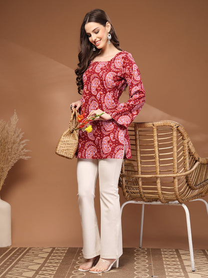 Maroon Self Design Cotton Fabric Tunic 3/4 Sleeves Square Neck Hip Length