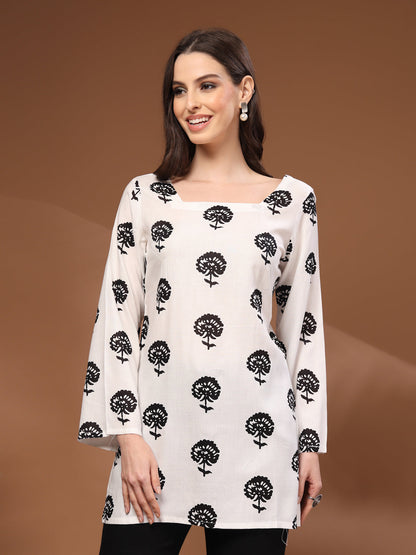 White Self Design Cotton Fabric Tunic 3/4 Sleeves Square Neck Hip Length