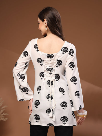 White Self Design Cotton Fabric Tunic 3/4 Sleeves Square Neck Hip Length