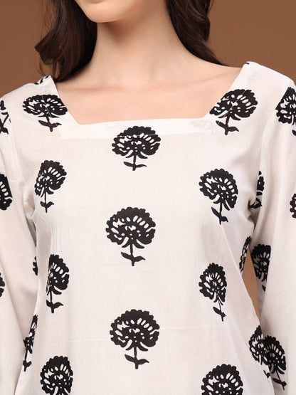 White Self Design Cotton Fabric Tunic 3/4 Sleeves Square Neck Hip Length