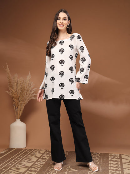 White Self Design Cotton Fabric Tunic 3/4 Sleeves Square Neck Hip Length