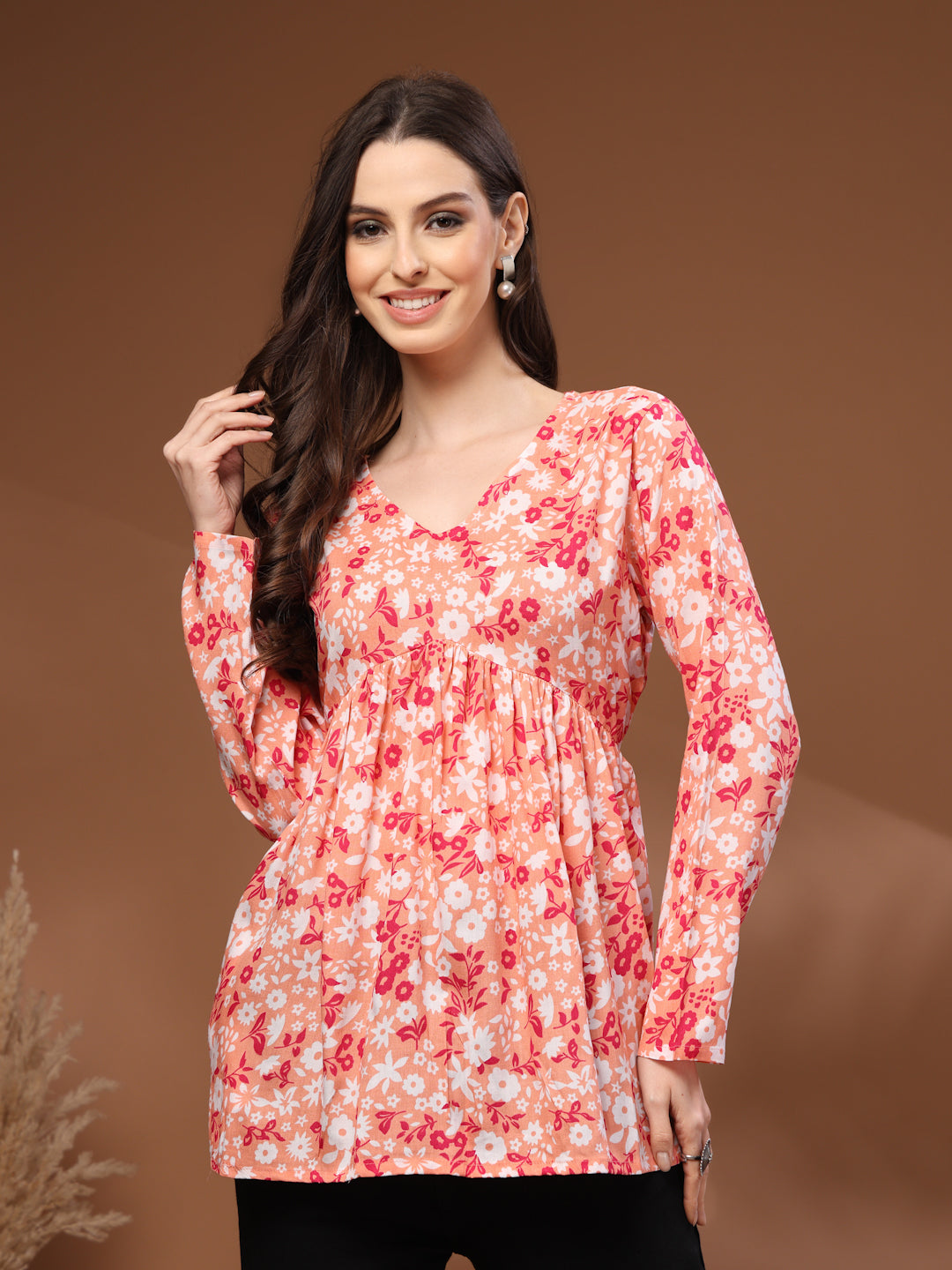 Orange Self Design Cotton Fabric Tunic 3/4 Sleeves V- Neck Hip Length