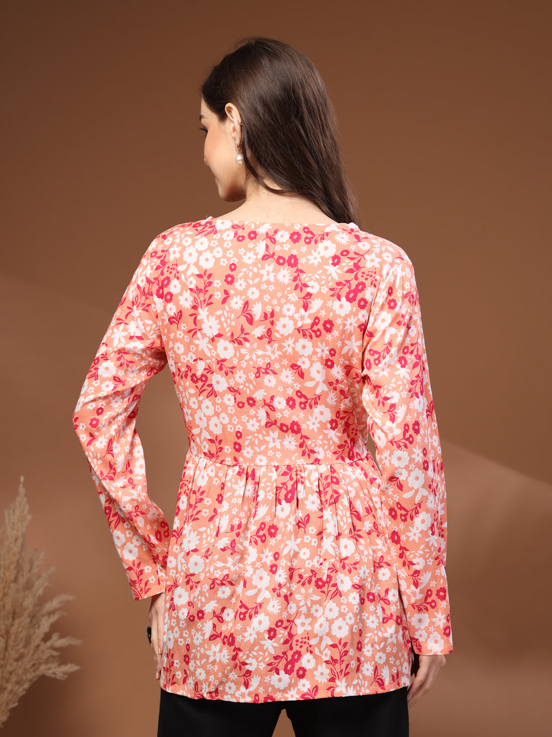 Orange Self Design Cotton Fabric Tunic 3/4 Sleeves V- Neck Hip Length