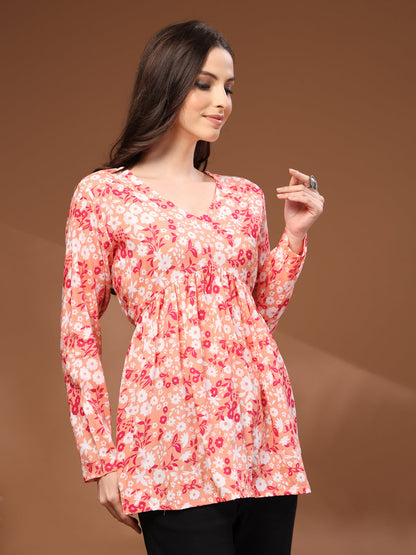 Orange Self Design Cotton Fabric Tunic 3/4 Sleeves V- Neck Hip Length