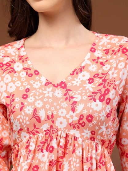 Orange Self Design Cotton Fabric Tunic 3/4 Sleeves V- Neck Hip Length