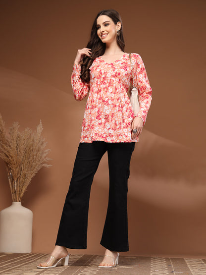 Orange Self Design Cotton Fabric Tunic 3/4 Sleeves V- Neck Hip Length