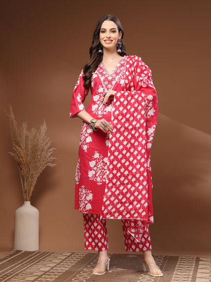 Pink Self Design Cotton 3/4 Sleeves V- Neck Calf length Kurta Bottom Set With Dupatta