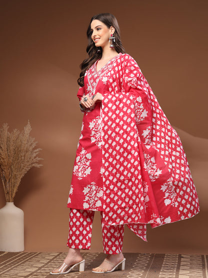 Pink Self Design Cotton 3/4 Sleeves V- Neck Calf length Kurta Bottom Set With Dupatta