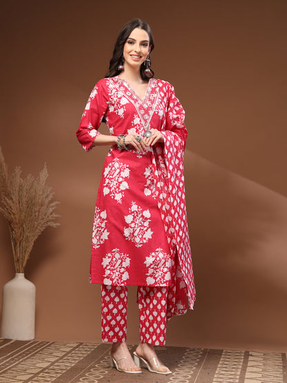 Pink Self Design Cotton 3/4 Sleeves V- Neck Calf length Kurta Bottom Set With Dupatta