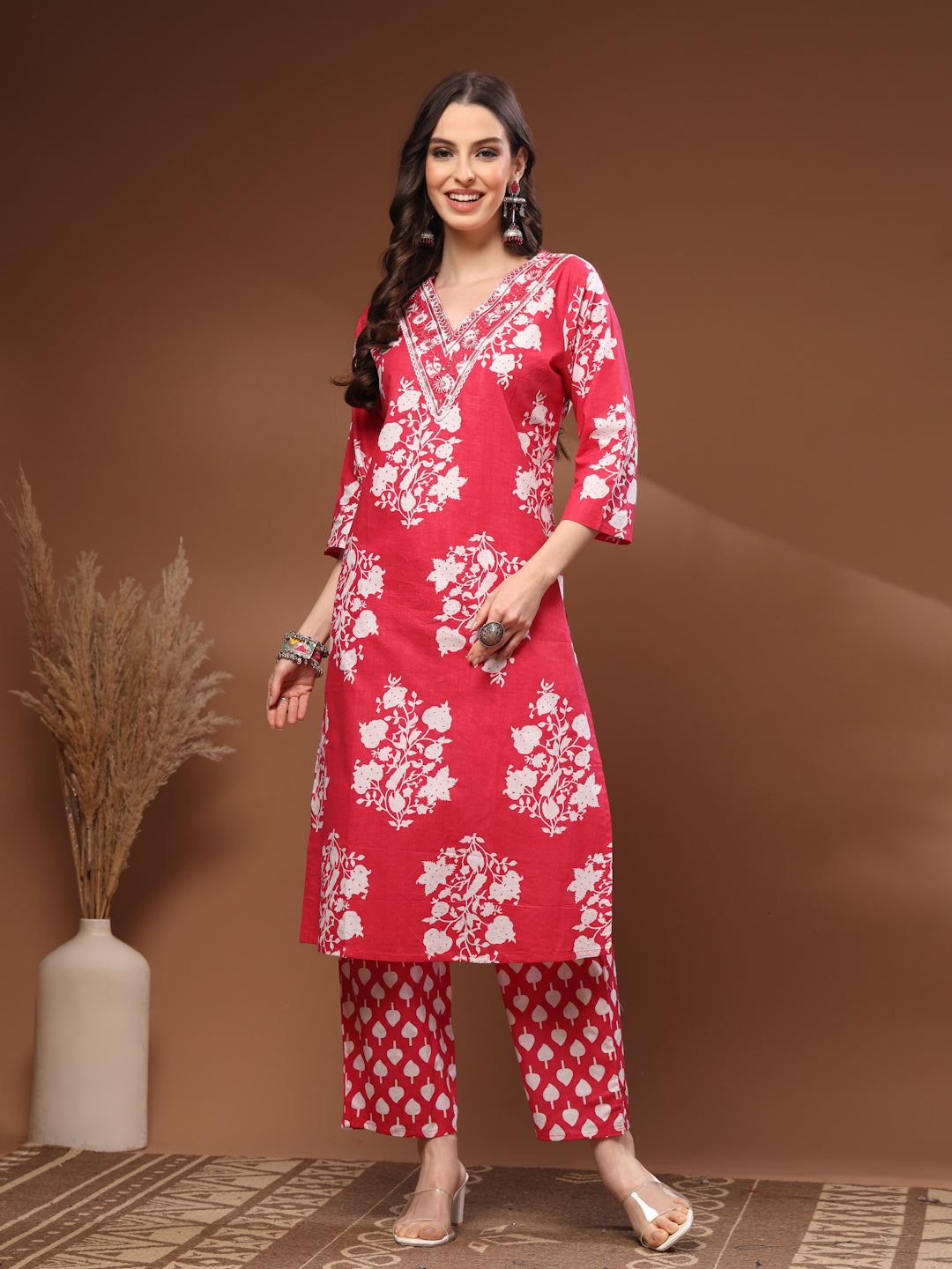 Pink Self Design Cotton 3/4 Sleeves V- Neck Calf length Kurta Bottom Set With Dupatta