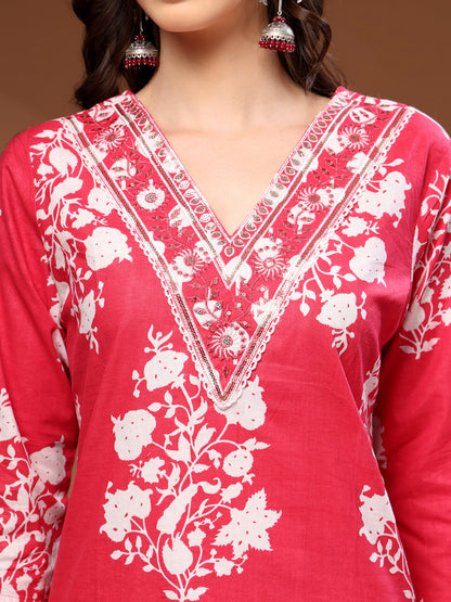 Pink Self Design Cotton 3/4 Sleeves V- Neck Calf length Kurta Bottom Set With Dupatta