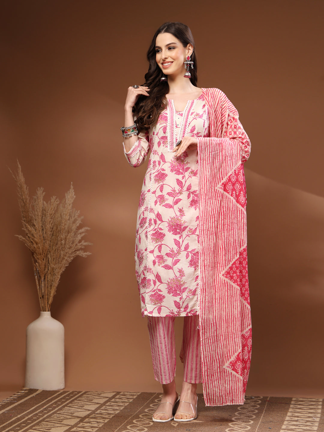 Pink Self Design Cotton 3/4 Sleeves Round Neck Calf length Kurta Bottom Set With Dupatta