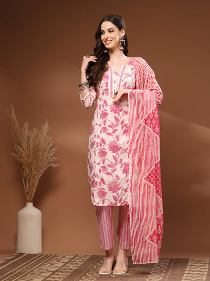 Pink Self Design Cotton 3/4 Sleeves Round Neck Calf length Kurta Bottom Set With Dupatta