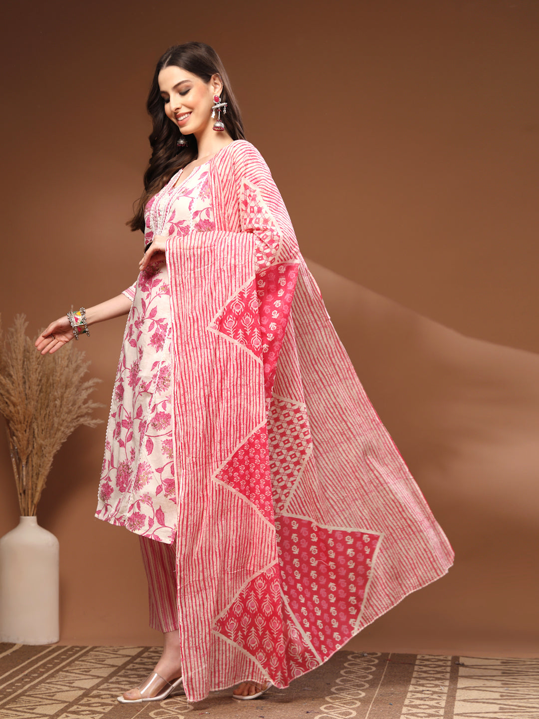 Pink Self Design Cotton 3/4 Sleeves Round Neck Calf length Kurta Bottom Set With Dupatta