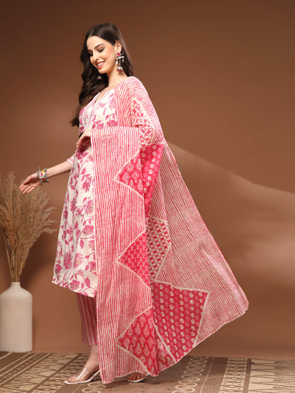 Pink Self Design Cotton 3/4 Sleeves Round Neck Calf length Kurta Bottom Set With Dupatta