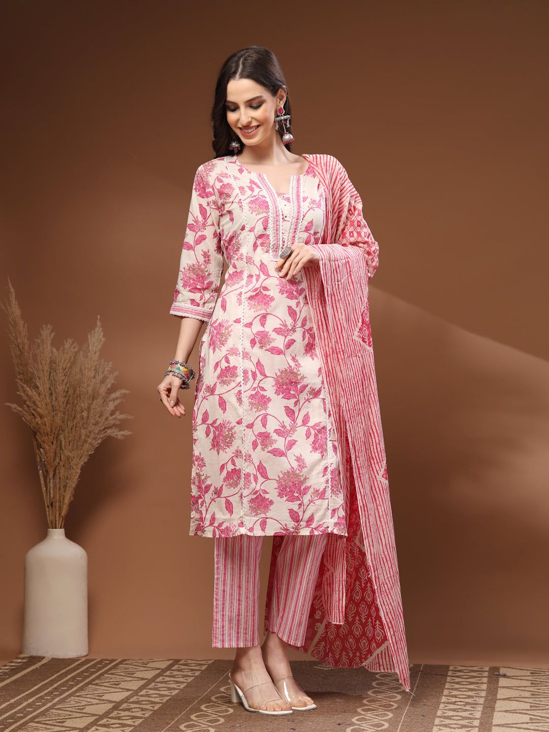 Pink Self Design Cotton 3/4 Sleeves Round Neck Calf length Kurta Bottom Set With Dupatta
