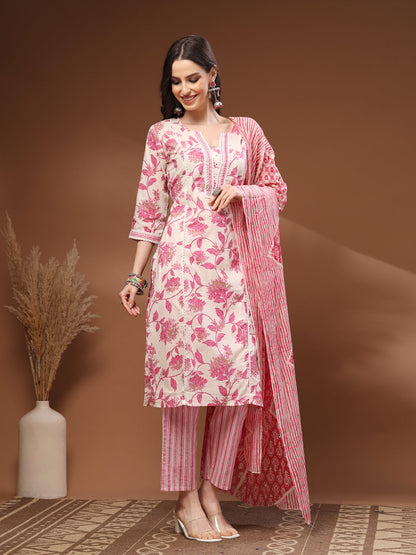 Pink Self Design Cotton 3/4 Sleeves Round Neck Calf length Kurta Bottom Set With Dupatta