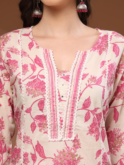 Pink Self Design Cotton 3/4 Sleeves Round Neck Calf length Kurta Bottom Set With Dupatta