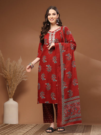 Maroon Self Design Cotton 3/4 Sleeves Round Neck Calf length Kurta Bottom Set With Dupatta