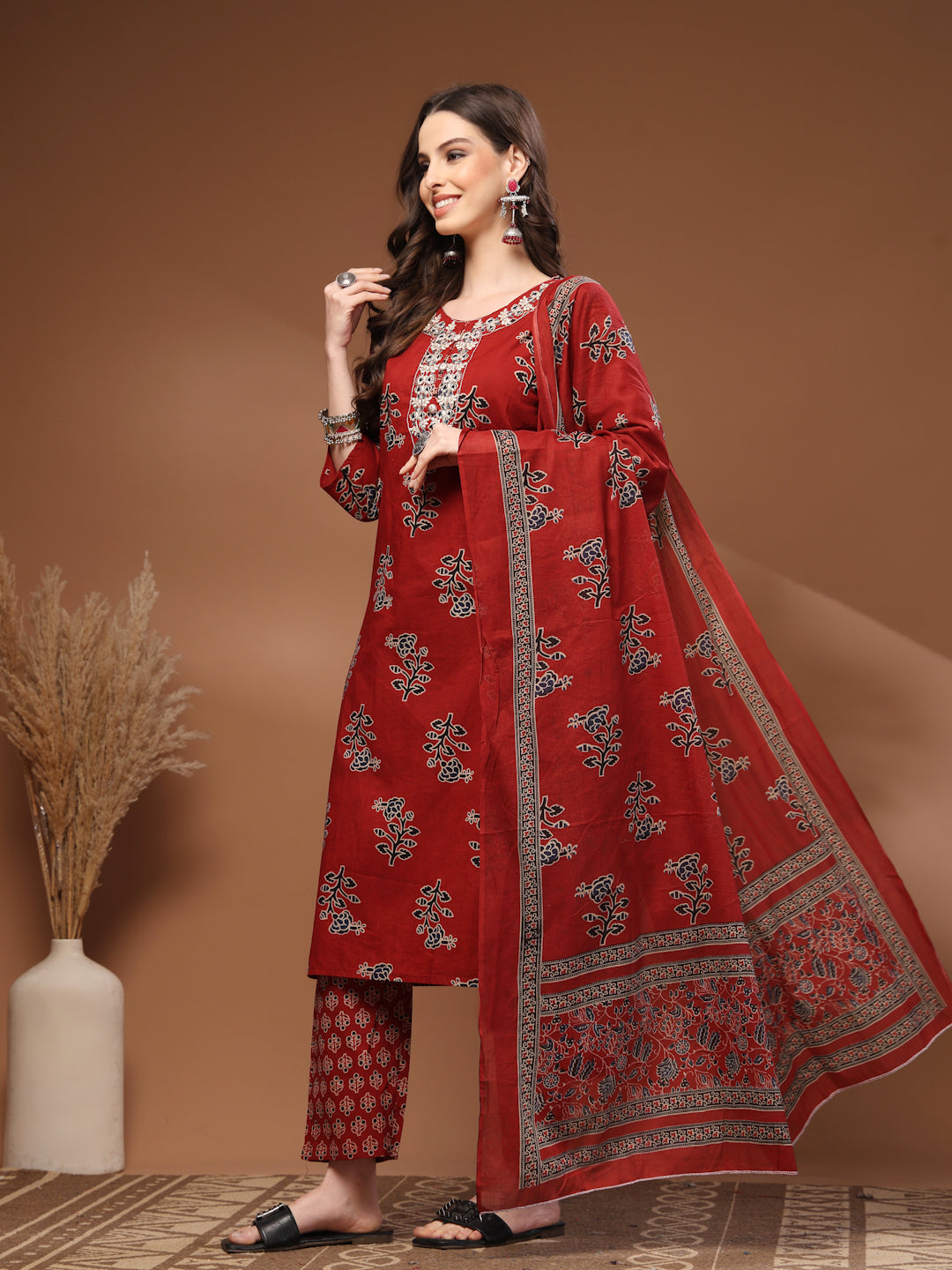 Maroon Self Design Cotton 3/4 Sleeves Round Neck Calf length Kurta Bottom Set With Dupatta