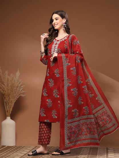 Maroon Self Design Cotton 3/4 Sleeves Round Neck Calf length Kurta Bottom Set With Dupatta