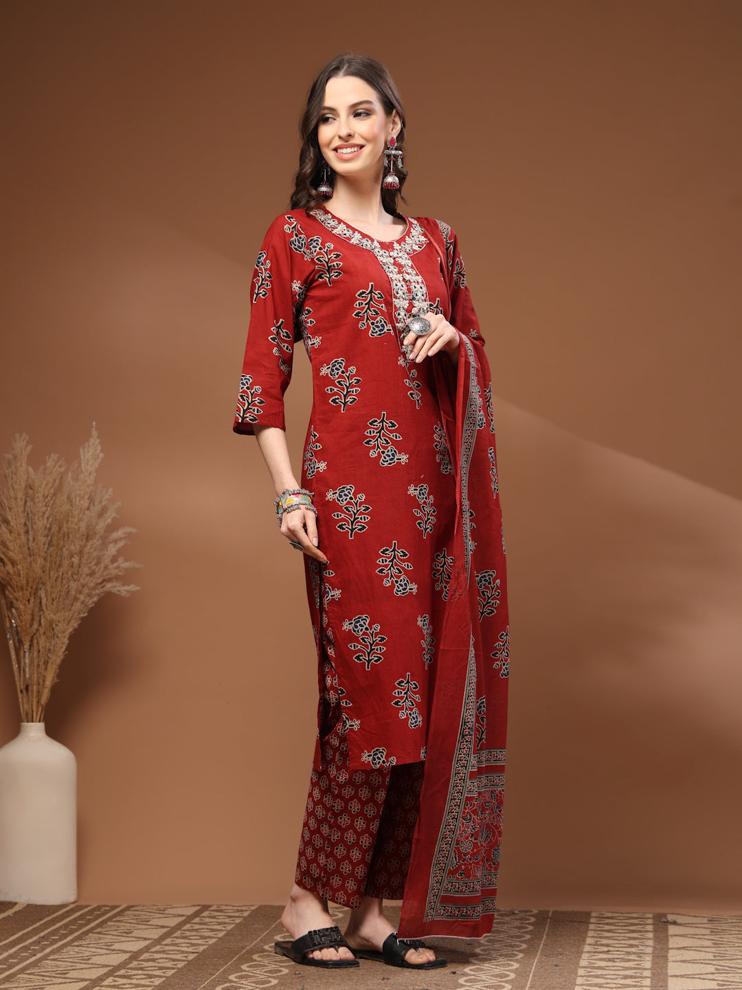 Maroon Self Design Cotton 3/4 Sleeves Round Neck Calf length Kurta Bottom Set With Dupatta