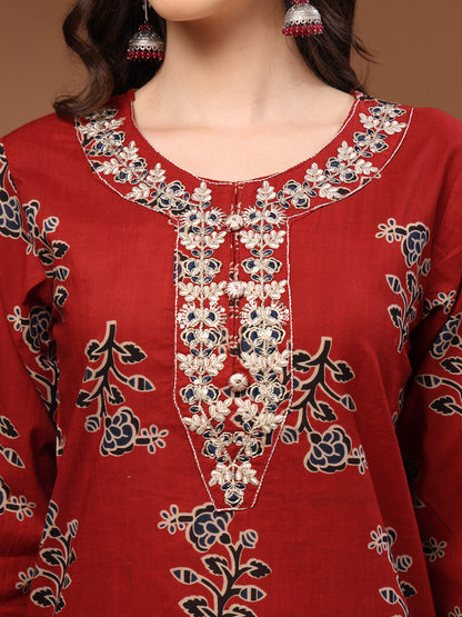 Maroon Self Design Cotton 3/4 Sleeves Round Neck Calf length Kurta Bottom Set With Dupatta