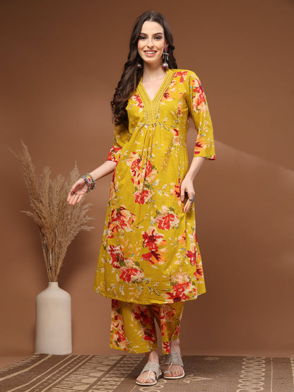 Mustard Self Design Cotton 3/4 Sleeves V- Neck Calf Length Kurta Set