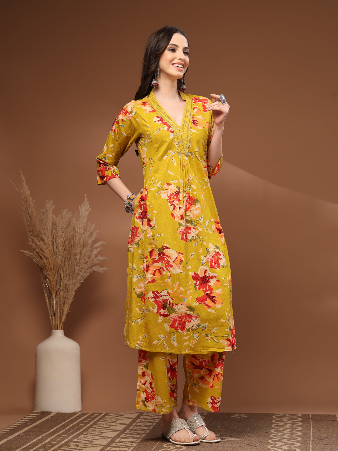 Mustard Self Design Cotton 3/4 Sleeves V- Neck Calf Length Kurta Set