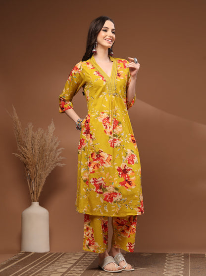Mustard Self Design Cotton 3/4 Sleeves V- Neck Calf Length Kurta Set