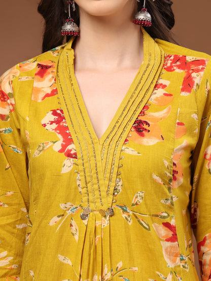 Mustard Self Design Cotton 3/4 Sleeves V- Neck Calf Length Kurta Set