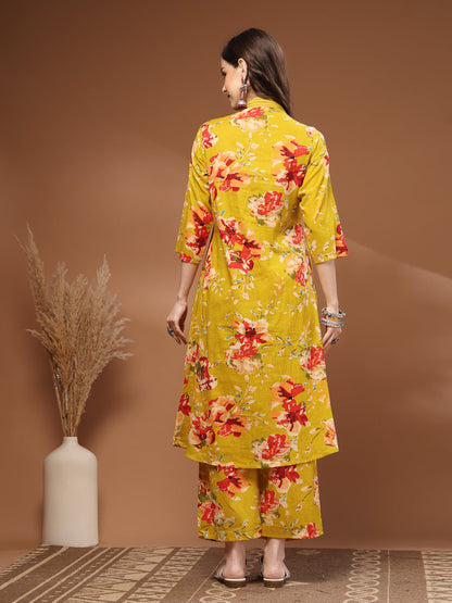 Mustard Self Design Cotton 3/4 Sleeves V- Neck Calf Length Kurta Set