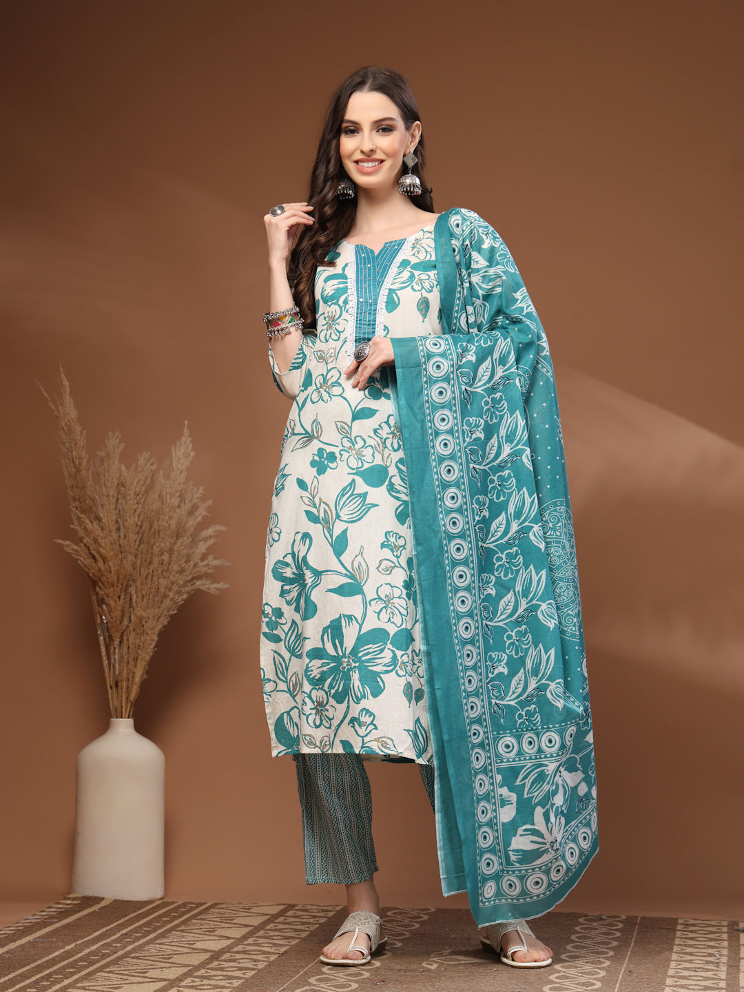 Green Self Design Cotton 3/4 Sleeves Round Neck Calf length Kurta Bottom Set With Dupatta