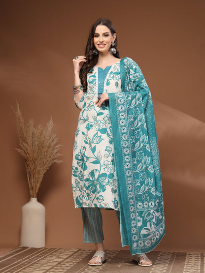 Green Self Design Cotton 3/4 Sleeves Round Neck Calf length Kurta Bottom Set With Dupatta