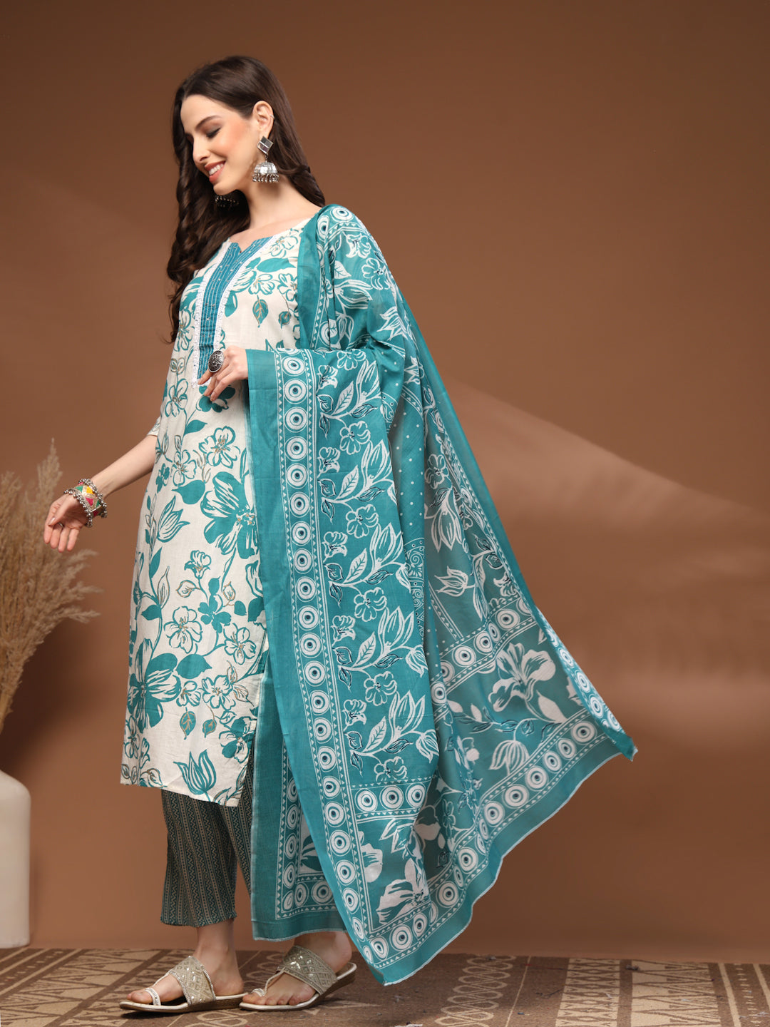 Green Self Design Cotton 3/4 Sleeves Round Neck Calf length Kurta Bottom Set With Dupatta