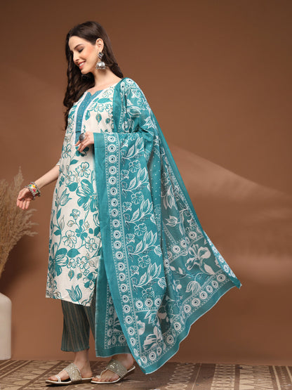 Green Self Design Cotton 3/4 Sleeves Round Neck Calf length Kurta Bottom Set With Dupatta