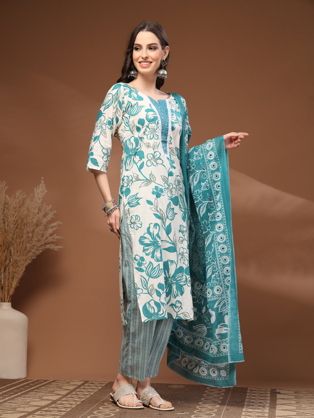 Green Self Design Cotton 3/4 Sleeves Round Neck Calf length Kurta Bottom Set With Dupatta