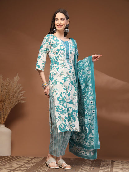 Green Self Design Cotton 3/4 Sleeves Round Neck Calf length Kurta Bottom Set With Dupatta