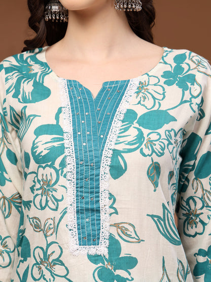 Green Self Design Cotton 3/4 Sleeves Round Neck Calf length Kurta Bottom Set With Dupatta