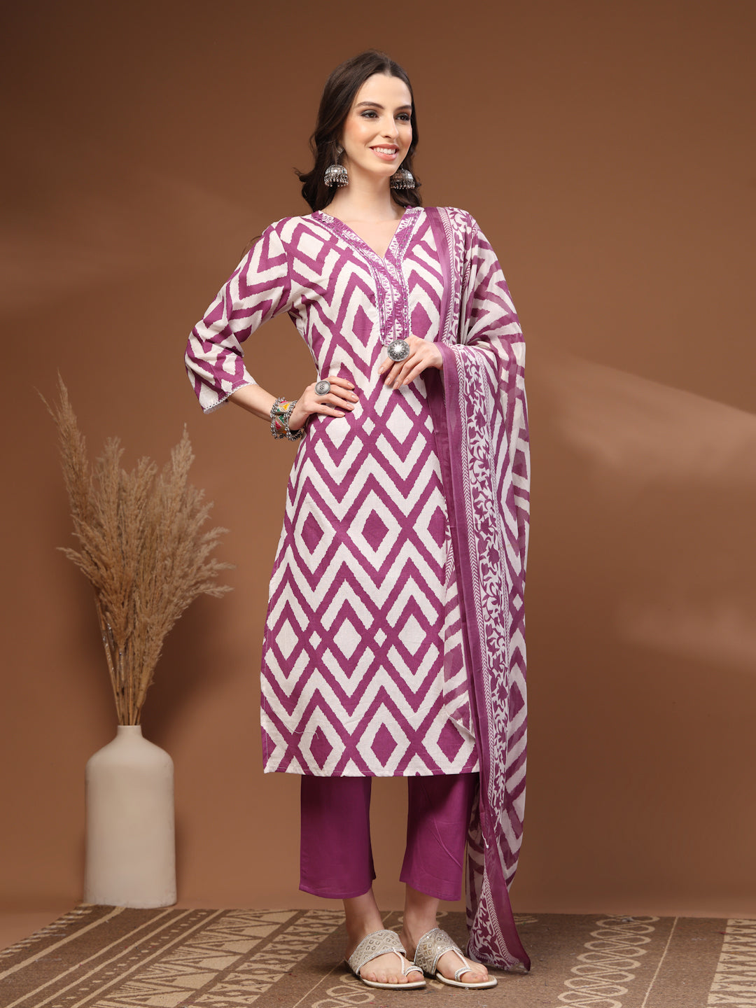 Purple Self Design Cotton 3/4 Sleeves V- Neck Calf length Kurta Bottom Set With Dupatta