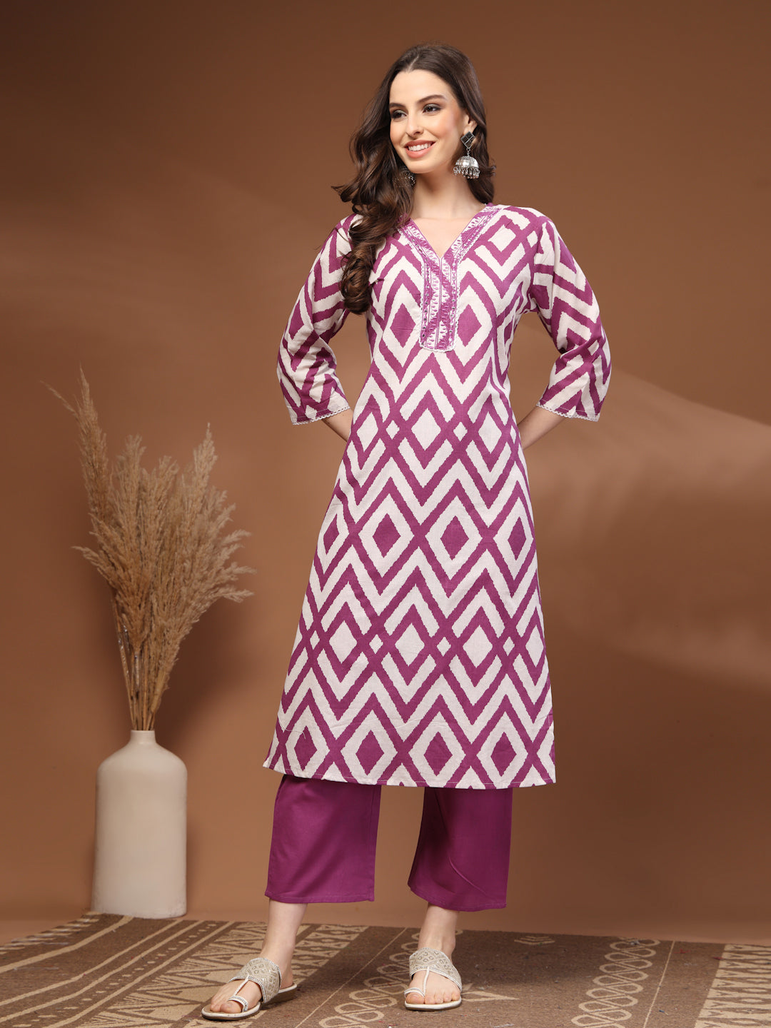 Purple Self Design Cotton 3/4 Sleeves V- Neck Calf length Kurta Bottom Set With Dupatta