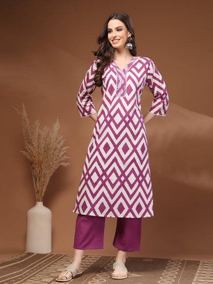 Purple Self Design Cotton 3/4 Sleeves V- Neck Calf length Kurta Bottom Set With Dupatta
