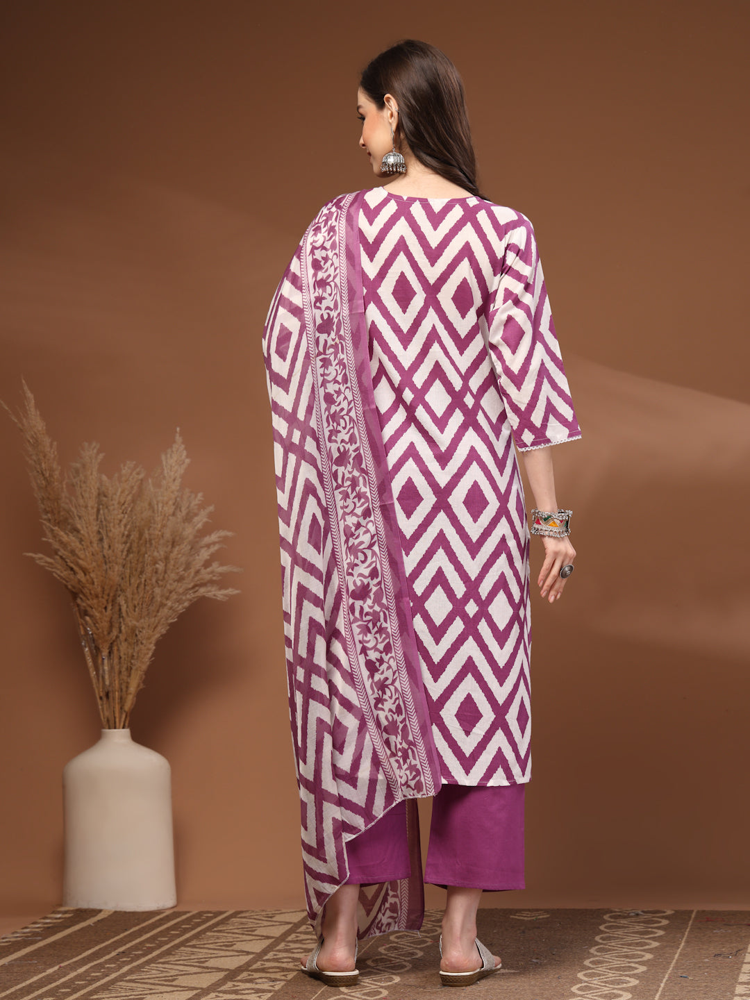 Purple Self Design Cotton 3/4 Sleeves V- Neck Calf length Kurta Bottom Set With Dupatta