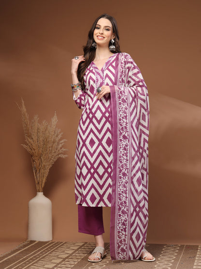 Purple Self Design Cotton 3/4 Sleeves V- Neck Calf length Kurta Bottom Set With Dupatta
