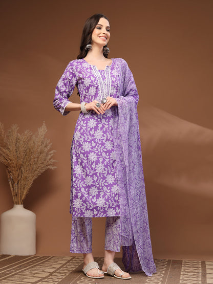 Purple Self Design Cotton 3/4 Sleeves Round Neck Calf length Kurta Bottom Set With Dupatta