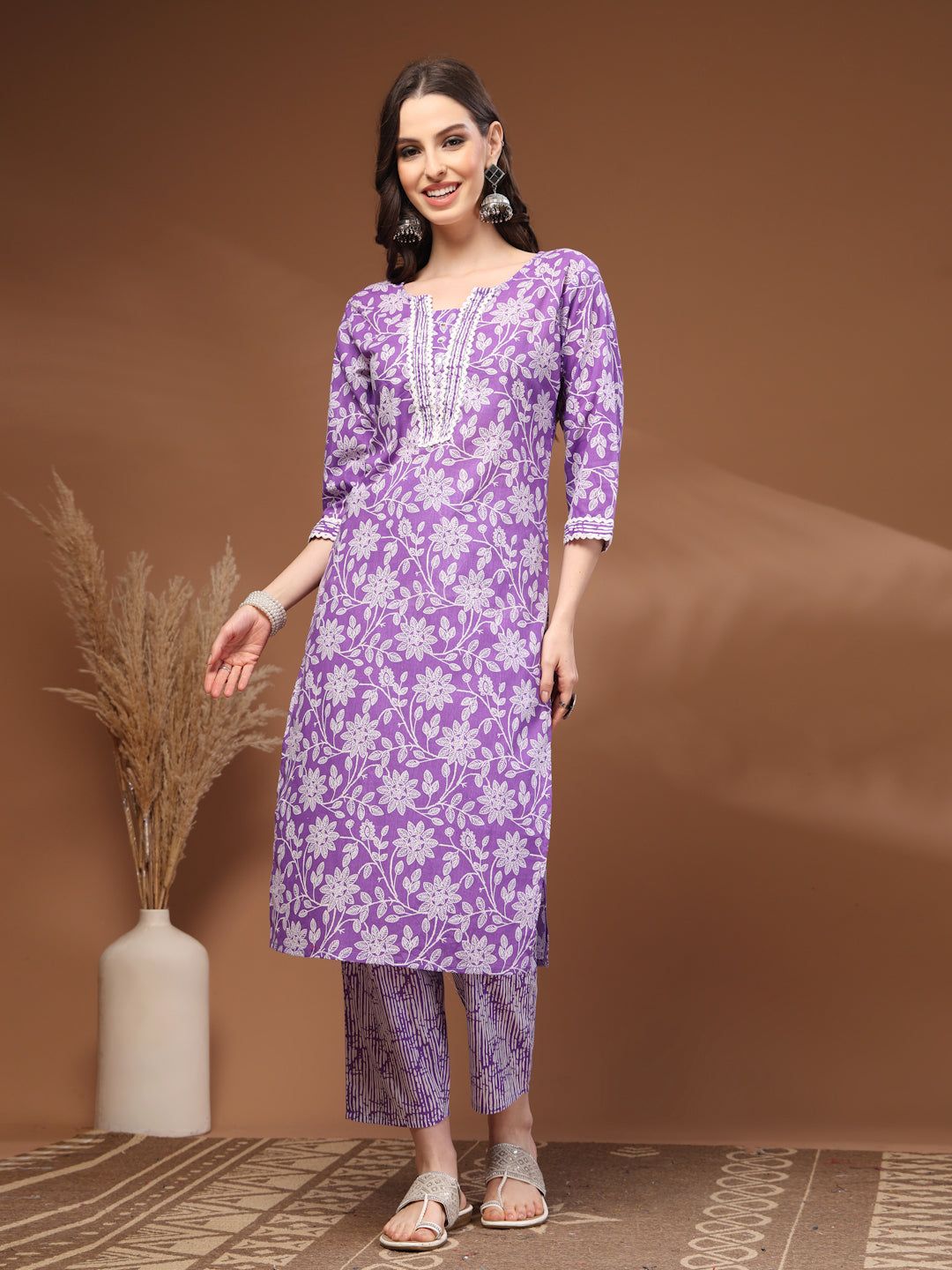Purple Self Design Cotton 3/4 Sleeves Round Neck Calf length Kurta Bottom Set With Dupatta