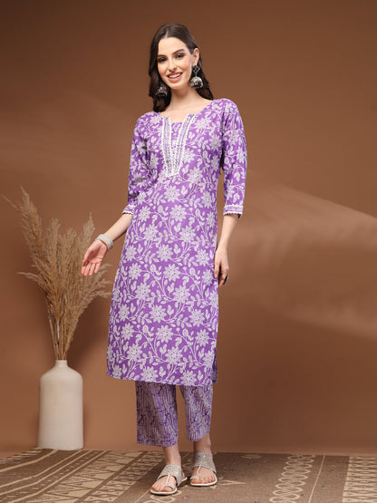 Purple Self Design Cotton 3/4 Sleeves Round Neck Calf length Kurta Bottom Set With Dupatta