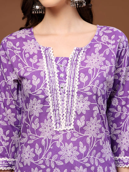 Purple Self Design Cotton 3/4 Sleeves Round Neck Calf length Kurta Bottom Set With Dupatta