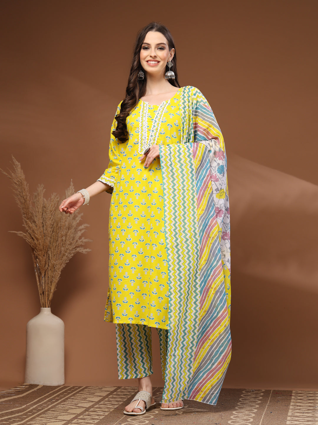 Yellow Self Design Cotton Fabric 3/4 Sleeves Round Neck Calf length Kurta Bottom Set With Dupatta