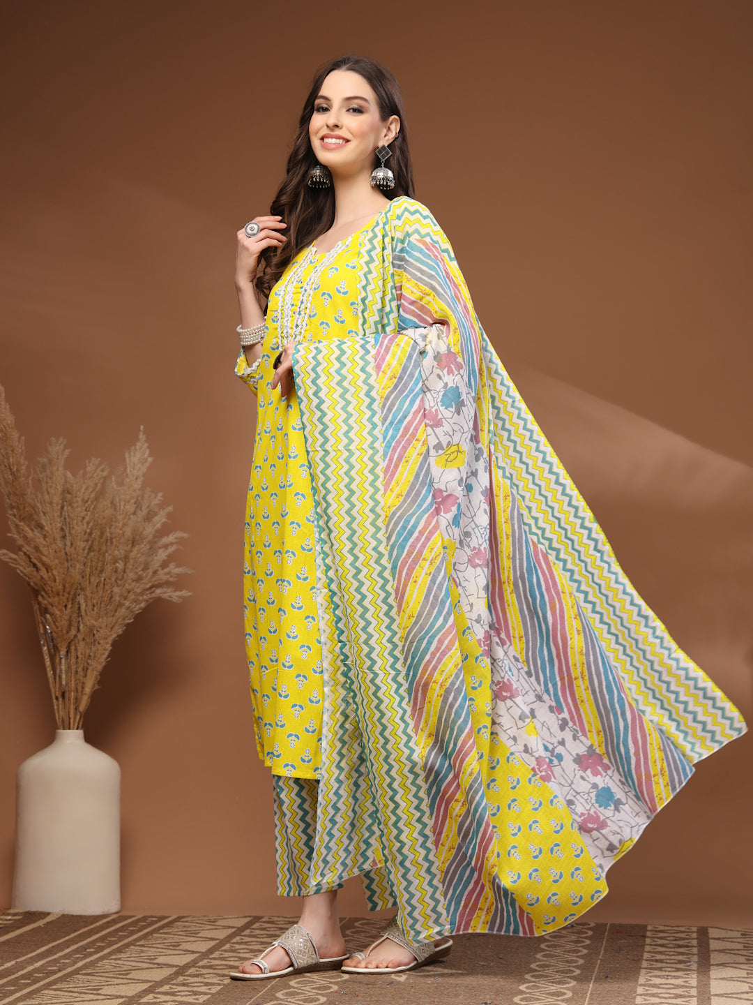 Yellow Self Design Cotton Fabric 3/4 Sleeves Round Neck Calf length Kurta Bottom Set With Dupatta